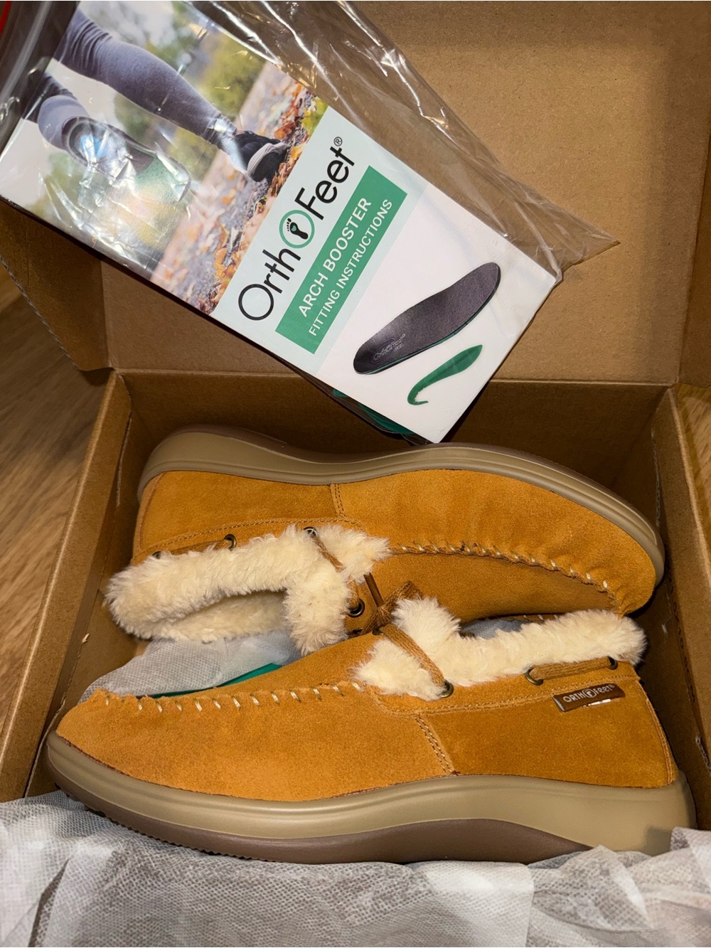 New, Orthofeet Women’s Tan Suede Shearling-Lined Slippers